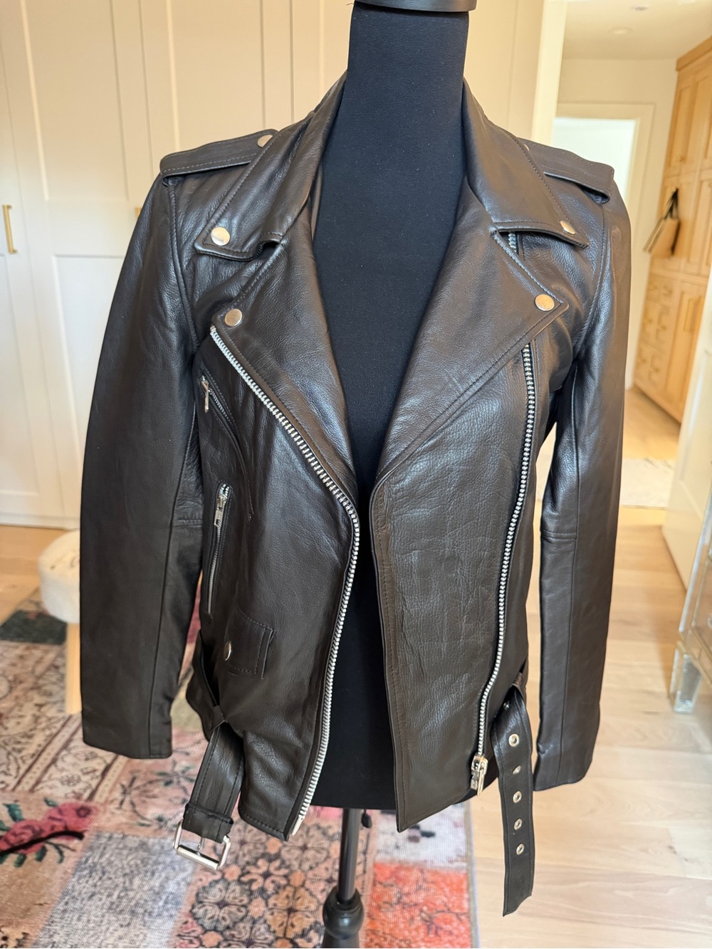 Black Leather Biker Jacket with Waist Belt - HANDMADE